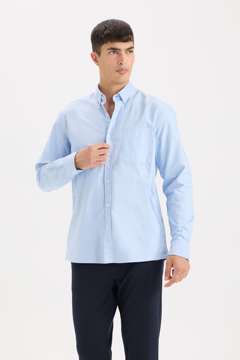 DeFacto Blue Man Regular Fit Polo Shirt Oxford Long Sleeve Shirt Casual - Image 4